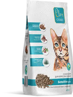 Clan Classic Sensitive-33/14 сухой корм для кошек с чувствительным пищеварением, атлантическая рыба/индейка